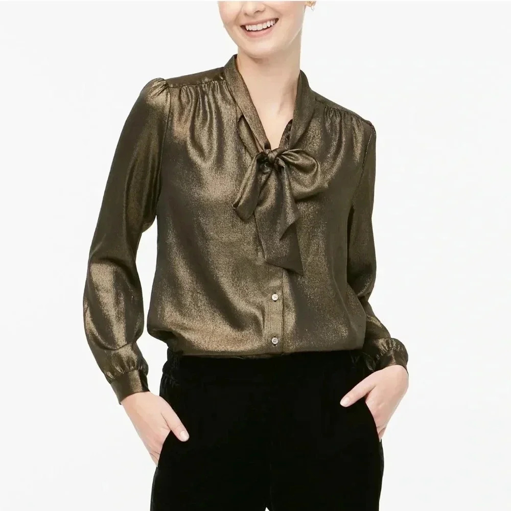 J. Crew Long-sleeve bow top in luxurious foil stripe size‎ S